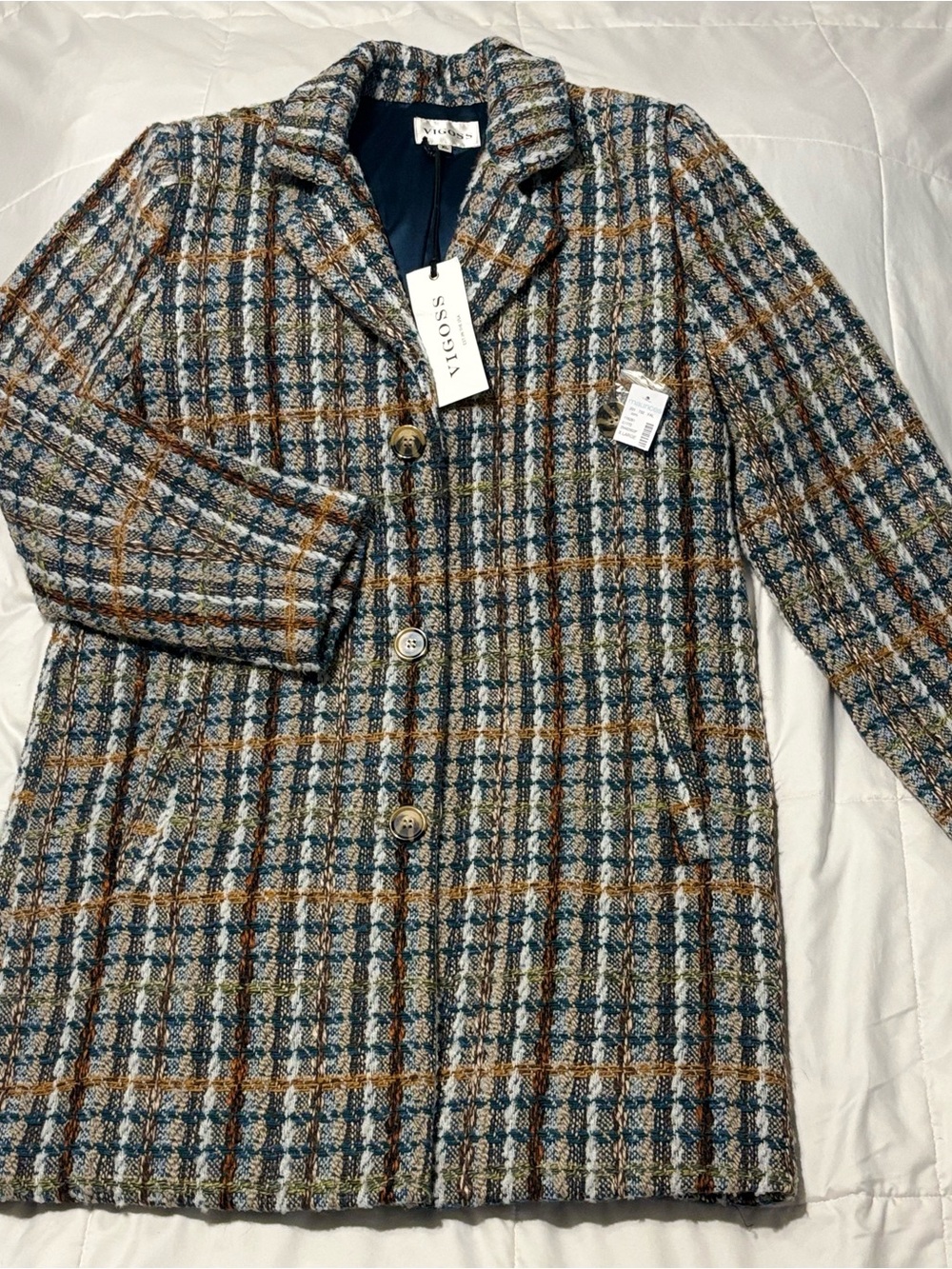 NWT! Vigoss Multicolor Plaid PeaCoat in Blue, Brown, green, orange, & cream